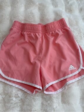 Adidas Pink Athletic Running Shorts Girls Size M 10/12 with White Piping Logo